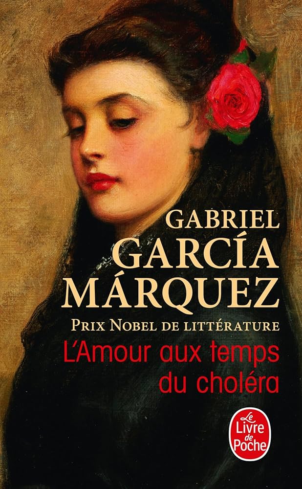 Book cover of 'L'Amour aux temps du cholera' by Gabriel García Márquez with a woman's face and rose.