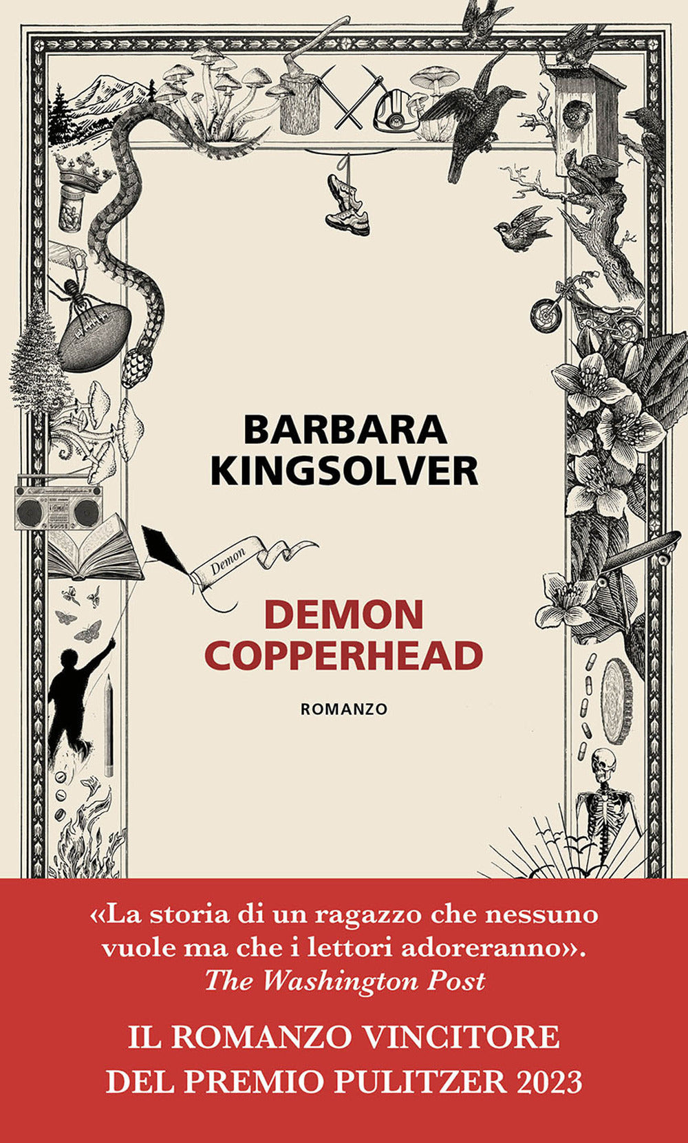 Book cover of 'Demon Copperhead' by Barbara Kingsolver with decorative elements and text.