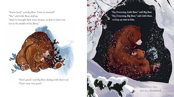 Illustrated book pages showing a bear and a cub in a snowy landscape.