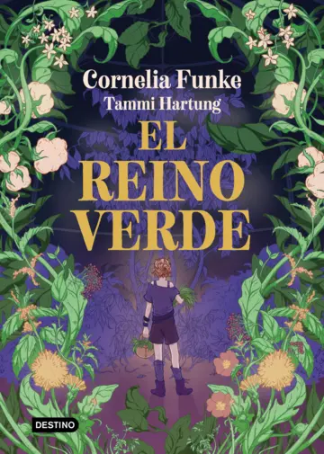 Book cover of 'El Reino Verde' with a person in a forest, surrounded by greenery and flowers.