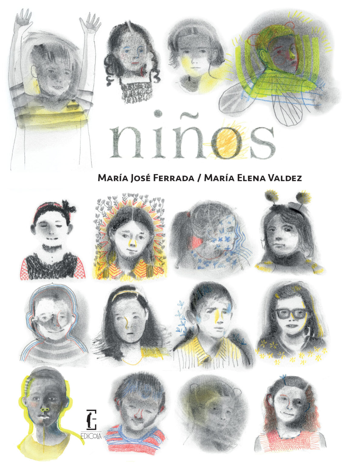 Book cover with illustrations of children's faces and the title 'niños' by Maria Jose Ferrada and Maria Elena Valdez.