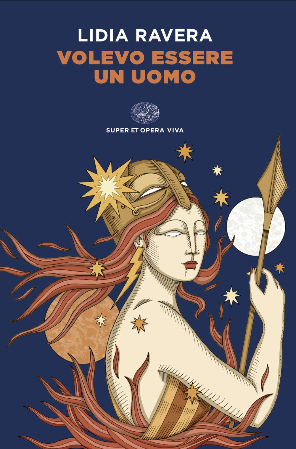 Book cover with illustration of a woman holding a staff against a dark blue background