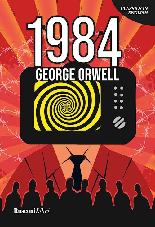Book cover of '1984' by George Orwell with a radio and silhouettes on a red background.