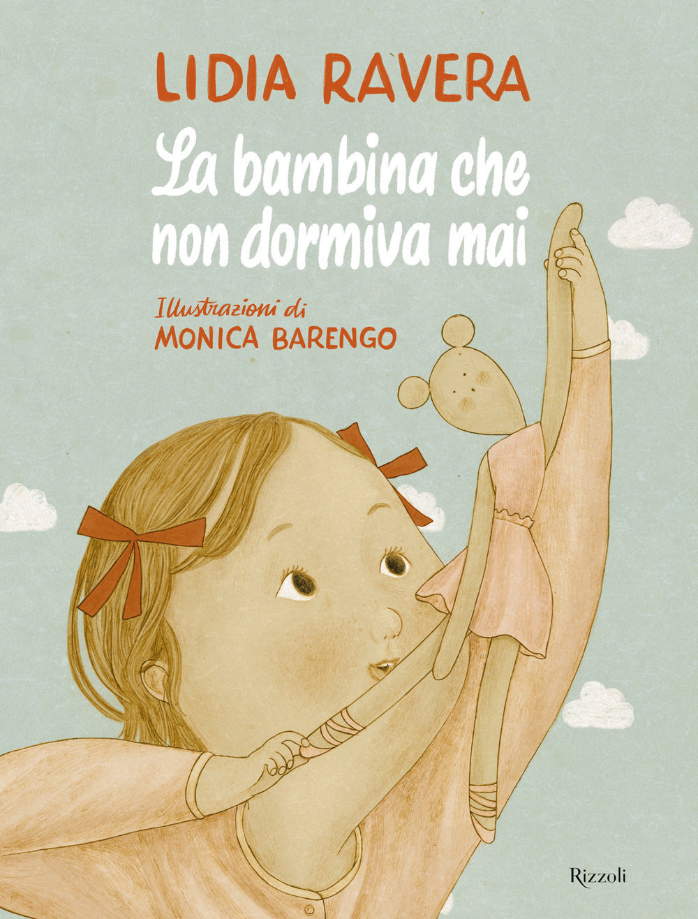 Book cover with illustration of a girl holding a doll against a light blue background with clouds.