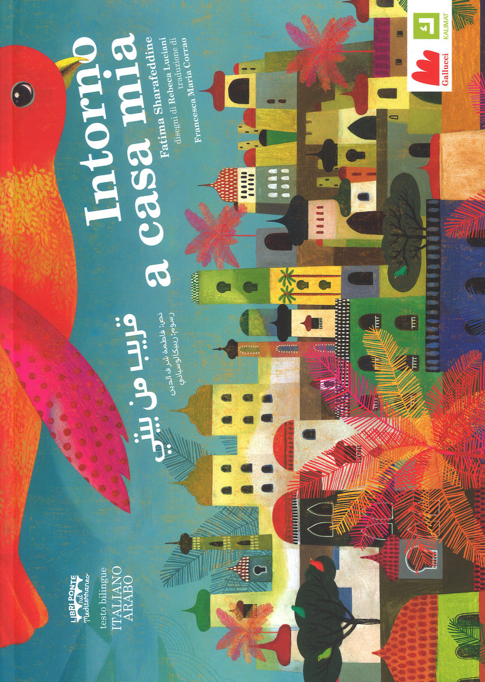 Colorful book cover with a bird and cityscape illustration, featuring text in Italian and Arabic.