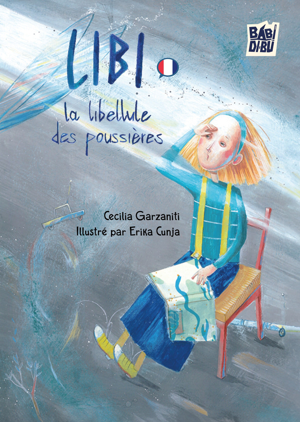 Book cover of 'Libi, la libellule des poussières' with a child sitting on a chair and looking at a butterfly.