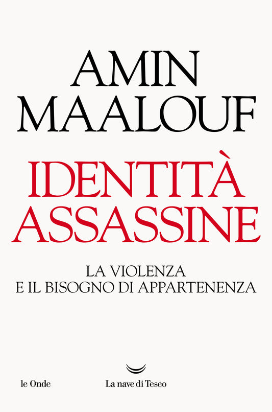 Book cover of 'Identità Assassine' by Amin Maalouf with black and red text on a white background
