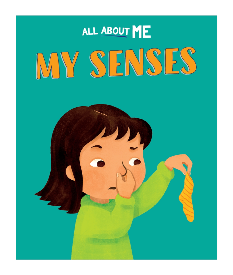 Book cover of 'All About Me: My Senses' with a child character and text on a teal background