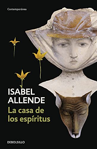Book cover of 'La casa de los espáritus' by Isabel Allende with a stone sculpture and gold leaves on a black background.
