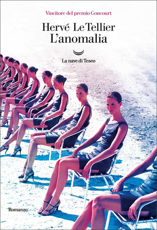 Book cover with rows of women in swimsuits on a beach, featuring the title 'L'anomalia' by Hervé Le Tellier.