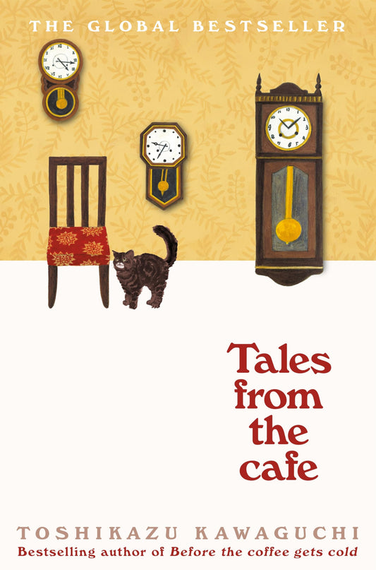 Book cover of 'Tales from the Cafe' with a cat and clocks illustration.