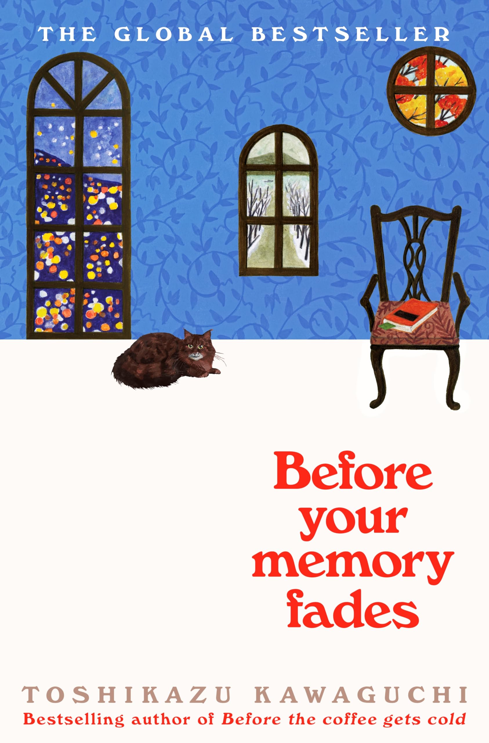 Book cover of 'Before your memory fades' with a cat, chair, and colorful windows.