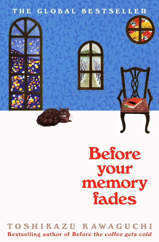 Book cover of 'Before your memory fades' with a cat, chair, and colorful windows.