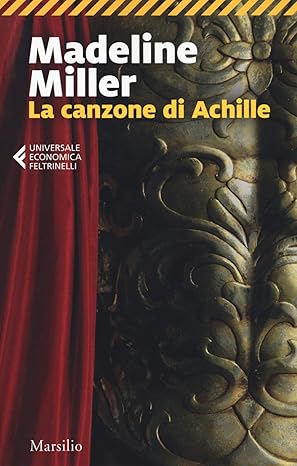 Book cover of 'La canzone di Achille' by Madeline Miller with decorative stone face and red curtain.