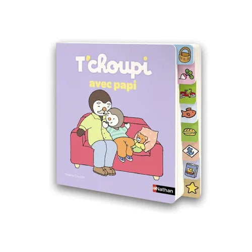 Book cover of 'T'choupi avec papi' featuring an illustration of a child and adult on a couch with a purple background.
