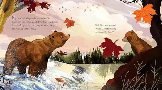Illustration of two bears in a forest with autumn leaves and text.