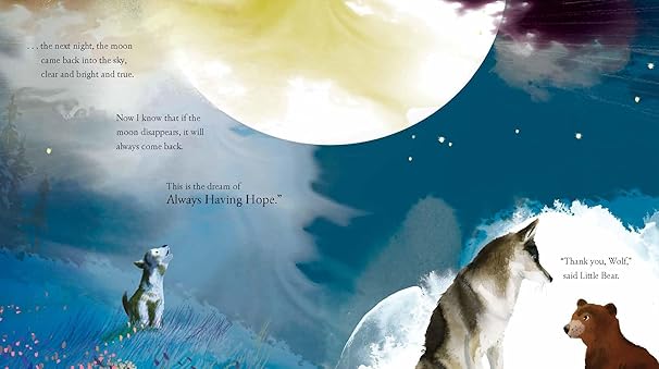 Illustration of a wolf, bear, and raccoon under a large moon with text about hope.