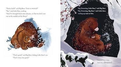 Illustrated book pages showing a bear and a cub in a snowy landscape.