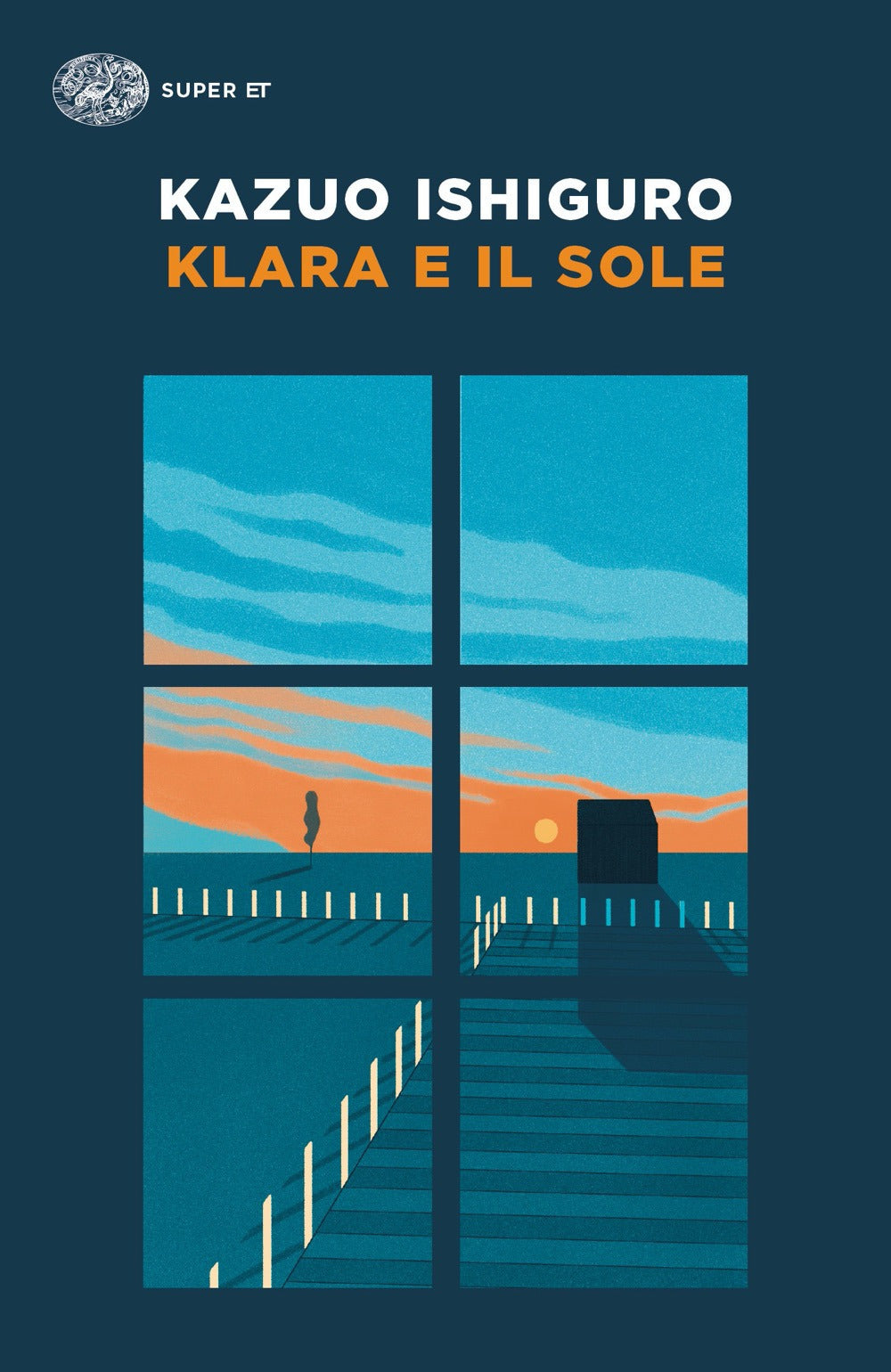 Book cover of 'Klara e il Sole' by Kazuo Ishiguro with a blue window design and silhouette.