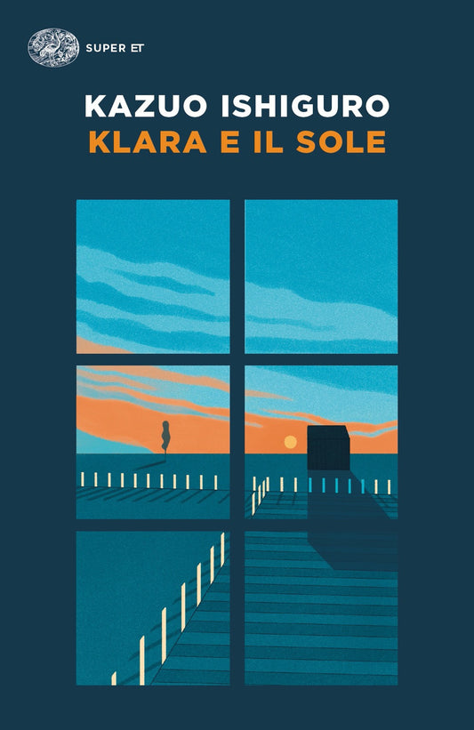 Book cover of 'Klara e il Sole' by Kazuo Ishiguro with a blue window design and silhouette.