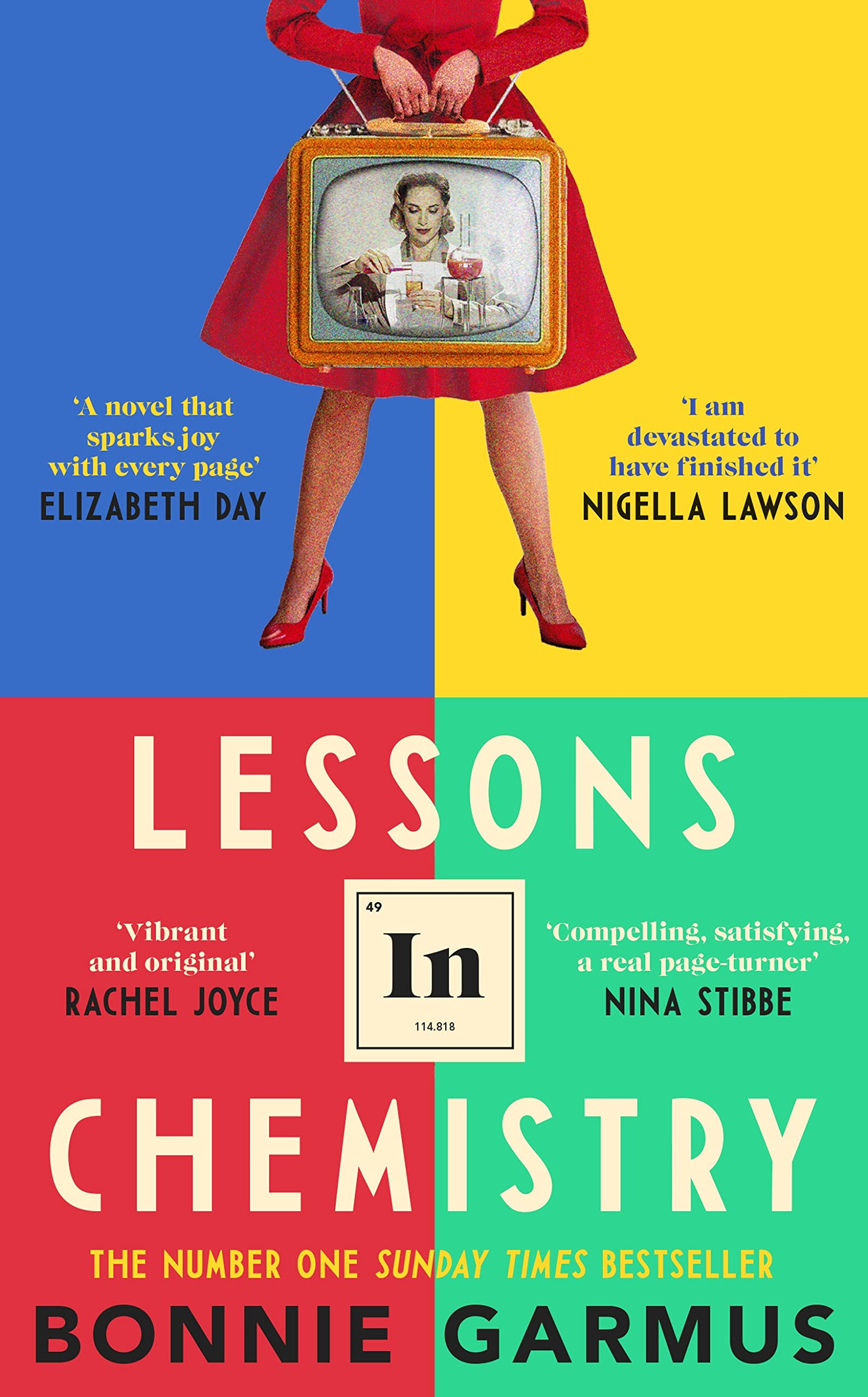 Book cover of 'Lessons in Chemistry' by Bonnie Garmus with a colorful design and text quotes.
