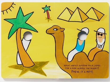 Illustration of people on a camel with pyramids and palm trees on a yellow background