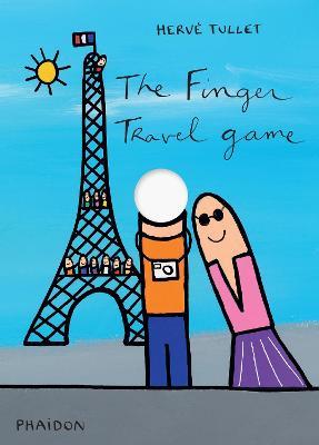 Book cover of 'The Finger Travel Game' by Hervé Tullet with a stylized Eiffel Tower and two cartoon figures.