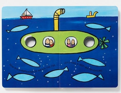 Children's book page with a submarine illustration and underwater scene.