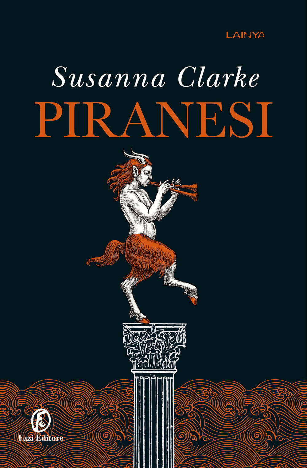 Book cover of 'Piranesi' by Susanna Clarke with a dark background and illustration of a figure on a column.