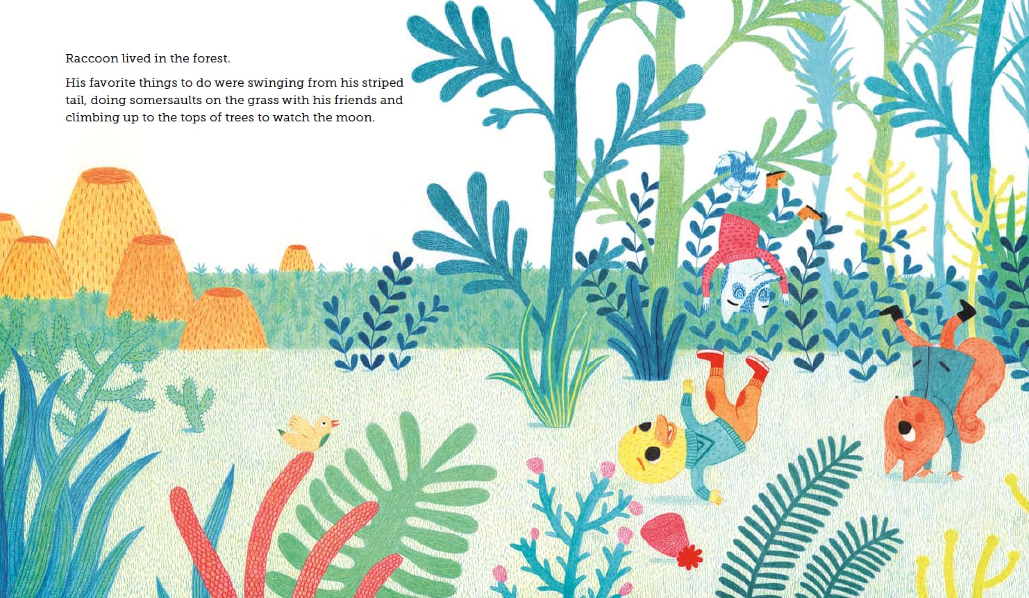 Illustrated children's book page with animals in a forest setting