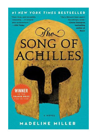 Book cover of 'The Song of Achilles' by Madeline Miller with a helmet illustration on a blue background.