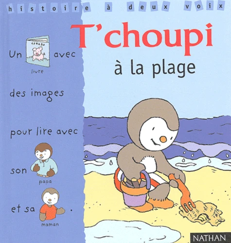 Book cover of 'T'choupi à la plage' with a character on a beach, published by Nathan.