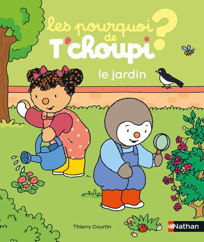 Book cover of 'les pourquoi de T'choupi' with two characters in a garden setting.