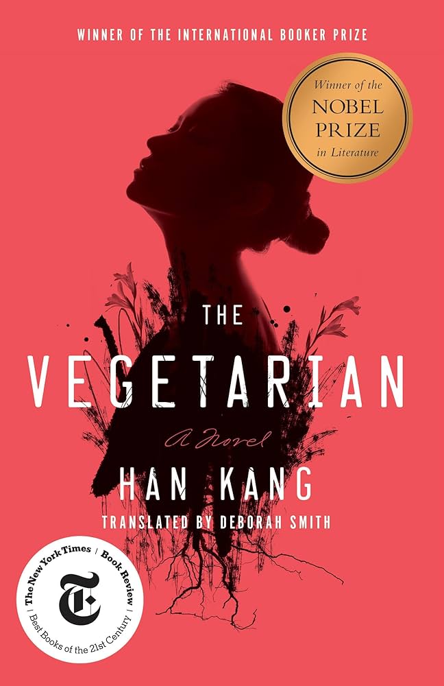 Book cover of 'The Vegetarian' by Han Kang with a silhouette of a woman on a red background.