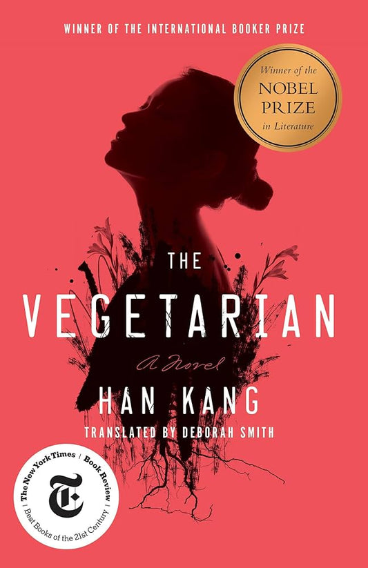 Book cover of 'The Vegetarian' by Han Kang with a silhouette of a woman on a red background.
